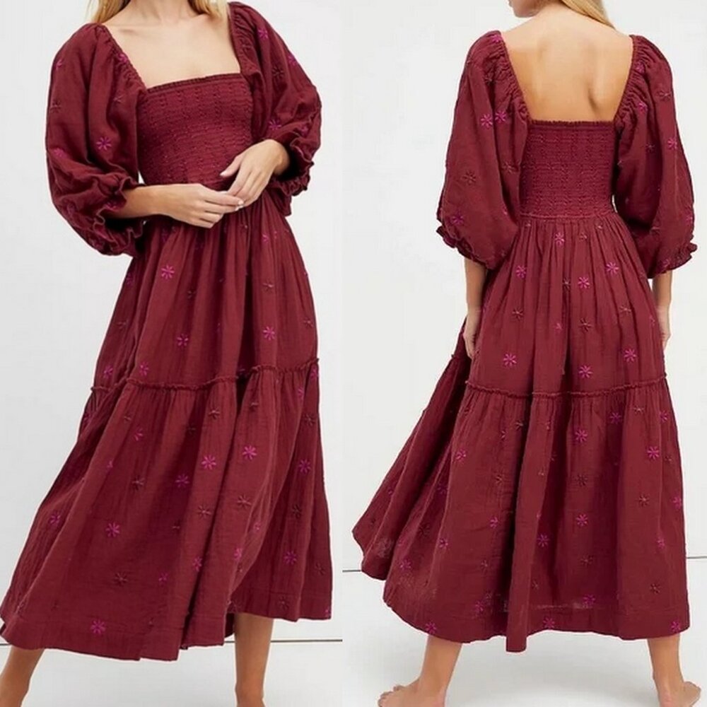 Free People Dahlia Embroidered Smocked Puff Sleeve Maxi Dress